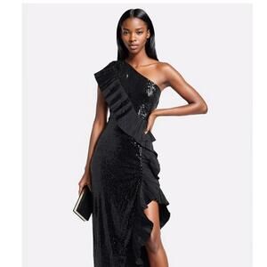 Ruffle Extravaganza One-Shoulder Sequin Ruffle Gown Asymmetric Pleated sz 4